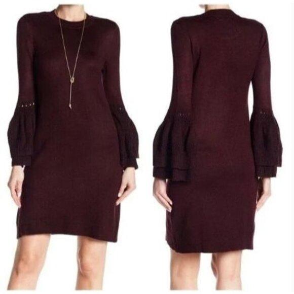Eliza J Women's Knit Layered Sweater Dress Tiered Bell Sleeves size M/M Burgundy - Picture 1 of 9